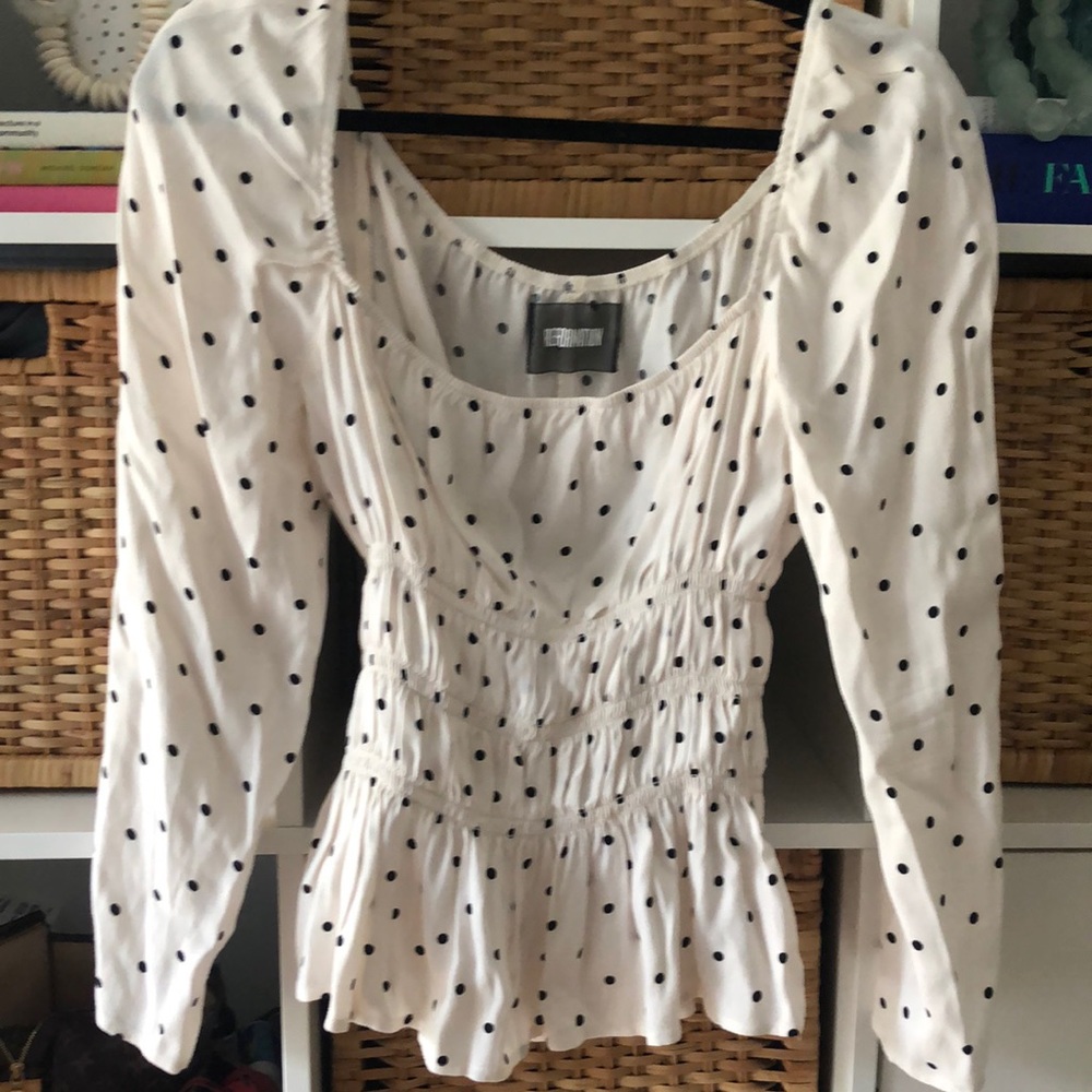 Reformation Long Sleeve White Polka Dot Blouse XL